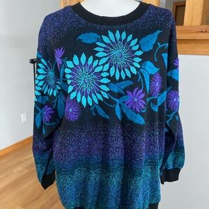 Floral Patterned Black and Blue Sweater